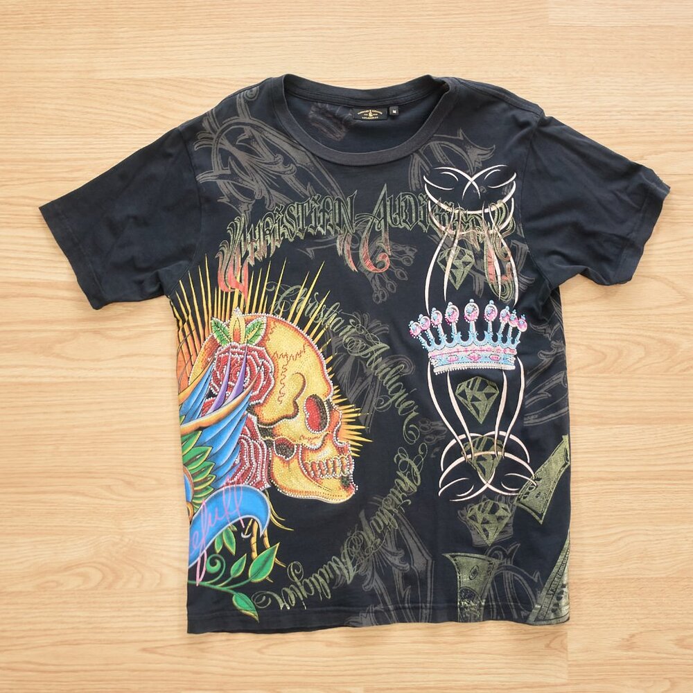 Christian Audigier T-Shirt / Skull Crown Money / Size M / Black / Made in